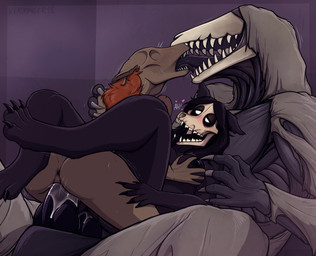 2_penises 5_fingers animal_genitalia animal_penis anthro anthro_on_anthro anus bilateral_penetration black_body black_fur black_hair blush bodily_fluids bone breast_grab breasts butt canine_genitalia canine_penis claws cum cum_in_vagina cum_inside exclamation_point extreme_french_kiss female female_penetrated fingers french_kissing fucked_silly fur genital_fluids genitals group group_sex hair half-closed_eyes hand_on_breast heart_symbol kissing knot leg_wrap long_tongue looking_pleasured lying male male/female male_penetrating male_penetrating_female multi_genitalia multi_penis narrowed_eyes neck_bulge nipples nude open_mouth open_smile orange_body orange_fur penetration penis sex shaking sharp_teeth size_difference skull smaller_female smile sweat teeth threesome tongue tongue_out trio vaginal vaginal_penetration vulva keadanger scp_foundation scp-1471-a scp-1991 scp-682 canid canine malo mammal monster reptile scalie 2019 absurd_res digital_media_(artwork) hi_res signature