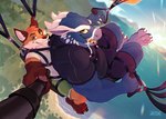 detailed_background duo fangs landscape male male/male muscular muscular_male paragliding paws selfie selfie_stick smile teeth jayzac mythology mrfoxees nekan_(character) canid canine dragon fox mammal mythological_creature mythological_scalie scalie hi_res