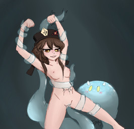 accessory ambiguous_gender areola arm_wraps bandage bandaged_arm bandaged_leg bdsm bestiality black_clothing black_hat black_headwear blue_body blue_slime blush bondage bottomless bound breasts brown_hair clothed clothing dripping duo exposed_breasts fangs female female/ambiguous feral flower flower_in_hair genitals hair hair_accessory hair_between_eyes hat headgear headwear horn hu_tao human_on_feral hydro_slime_(genshin_impact) interspecies leg_wraps long_hair navel nipples nude open_mouth paper_talisman plant pubes raised_arms raised_leg restrained restraints simple_background slime small_breasts small_horn smile spread_legs spreading talisman teeth tentacle_wrap tentacles topless vulva wet wraps yellow_eyes spaidynator genshin_impact mihoyo hu_tao_(genshin_impact) human hydro_slime mammal slime_(genshin_impact) armpits dark_background goo_(disambiguation) twintails_(disambiguation) colored digital_media_(artwork) line_art signature sketch