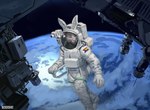 anthro astronaut astronaut_suit clothing cloud earth fantasy fur gesture green_eyes long_ears male planet progress_pride_colors solo space spacescape spacestation spacesuit suit white_body white_clothing white_fur white_suit buckovskiart bunnytail lagomorph leporid mammal rabbit absurd_res digital_media_(artwork) digital_painting_(artwork) hi_res