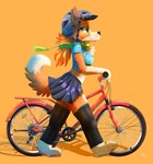 anthro armor bicycle bottomwear clothed clothing clothing_lift female headgear helmet leg_warmers legwear scarf shirt skirt skirt_lift solo topwear vehicle fc5 crispe_(fc5) canid canine mammal hi_res