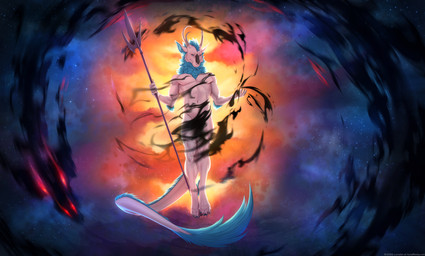 anthro biped claws feet fingers front_view fur hair horn male melee_weapon navel nude nude_anthro nude_male polearm solo spear star tail toes weapon lunalei mythology dragon mythological_creature mythological_scalie scalie 2026 digital_drawing_(artwork) digital_media_(artwork) hi_res