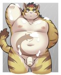 anthro balls belly big_belly blush brown_body brown_fur brown_stripes foreskin fur genitals glans kemono male moobs multicolored_body multicolored_fur navel nipples overweight overweight_anthro overweight_male partially_retracted_foreskin penis pink_glans pink_nipples solo striped_body striped_fur stripes white_balls white_body white_fur white_penis yellow_body yellow_fur ptcmtr tamacolle hitachi_(tamacolle) felid mammal pantherine tiger 2024 absurd_res hi_res