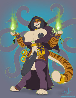 4_toes 5_fingers anthro areola back_tentacles balls big_balls big_breasts big_penis biped black_hair black_nipples bracelet breasts claws clothed clothing clothing_lift collar corruption countershading digitigrade eyebrows fantasy feet fingerless_(marking) fingers fire flaccid flaming_orb foreskin front_view fur genitals gradient_background green_eyes grin gynomorph hair huge_balls huge_breasts huge_penis humanoid_genitalia humanoid_penis hyper intersex jewelry lips long_hair looking_at_viewer magic magic_user multicolored_body multicolored_fur multicolored_tail navel nipples partially_retracted_foreskin penis pink_nose ponytail pubes robe scroll shirt shirt_lift simple_background small_waist smile smirk solo spiked_bracelet spikes stripes tail tentacles thick_bottom_lip toe_claws toeless_(marking) toes topwear vein bonk zhali felid mammal pantherine tiger 2016 digital_media_(artwork) hi_res
