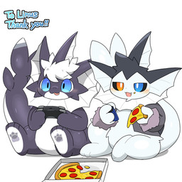 anthro belly biped black_body black_fur blue_eyes blush blush_lines countershade_belly countershade_face countershade_skin countershade_torso countershading duo featureless_crotch fin food frill_(anatomy) fur gaming heterochromia neck_frill open_mouth open_smile pawpads pizza playing_video_game simple_background sitting slightly_chubby smile tail tail_fin tail_motion text thick_tail white_background white_belly white_body white_countershading white_skin tontaro nintendo pokemon linus_(linustrain) nathan_(sanseon) eeveelution generation_1_pokemon pokemon_(species) vaporeon 1:1 animated animated_gif english_text short_playtime