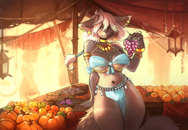 anthro apple bangs berry big_breasts blue_eyes bottomwear bra bracelet breasts clothing collar detailed_background ear_piercing female fluffy fluffy_tail food fruit fur gold_(metal) gold_bracelet gold_collar gold_jewelry gold_necklace grape hair jewelry leaf long_hair looking_at_viewer market_stall metal_collar necklace orange_(fruit) piercing plant public pumpkin salesperson shirtless skirt smile smiling_at_viewer solo standing tail tan_body tan_fur thick_thighs underwear vegetable white_hair benzimit domestic_cat felid feline felis mammal 2025 colored detailed digital_drawing_(artwork) digital_media_(artwork) hi_res shaded