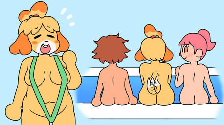 anthro blonde_hair blush blush_stickers breasts brown_hair butt closed_smile clothing dipstick_tail eyes_closed female front_view fur green_sling_bikini group hair looking_at_viewer looking_back looking_back_at_viewer markings motion_lines mouth_closed multicolored_body multicolored_fur nude nude_anthro nude_female nude_human one-piece_swimsuit open_mouth open_smile pink_hair ponytail rear_view red_hair_tie slightly_chubby slightly_chubby_anthro slightly_chubby_female sling_bikini smile swimwear tail tail_markings tail_motion tailwag tied_hair trio white_body white_fur white_tail_tip yellow_body yellow_fur compysteps animal_crossing nintendo isabelle_(animal_crossing) villager_(animal_crossing) canid canine canis domestic_dog human mammal shih_tzu toy_dog absurd_res hi_res