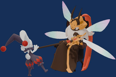 ambiguous_gender antennae_(anatomy) biped black_body black_fur chair cheek_tuft clothing dancing dress duo facial_tuft fur furniture gloves hair handwear holding_object holding_staff humor insect_wings jester looking_at_another markings multicolored_body multicolored_fur neck_tuft on_chair paws ponytail pseudo_clothing red_markings scut_tail short_tail simple_background sitting sitting_on_chair sitting_on_throne size_difference staff tail throne transparent_background tuft two_tone_body two_tone_fur white_body white_fur wing_motion wings winget jester_dancing_for_queen_gif palworld pocketpair arthropod bee dupin_(pal) elizabee hymenopteran insect lagomorph mammal pal_(species) 2026 3d_(artwork) 3d_animation alpha_channel animated animated_gif digital_media_(artwork) loop meme official_art short_playtime