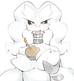 anthro biped black_sclera blue_eyes blush bodily_fluids breasts cute_fangs eyelashes fangs female front_view fur pupils simple_background solo standing sweat teeth tongue white_background white_body white_fur svkhaiminh nintendo pokemon reshi generation_5_pokemon legendary_pokemon pokemon_(species) reshiram hi_res