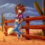 1:1 4_toes anthro barefoot breasts cactus canid canine canis claws cleavage clothed clothing cloud cowboy_hat digitigrade domestic_dog feet female fence hat headgear headwear hi_res mammal nivarra plant sky smile solo toes