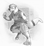 anthro belt bottomwear bracelet claws clothed clothing hair jacket jewelry looking_at_viewer male pi shorts solo tail topwear whiskers unknown_artist mammal mustelid otter greyscale monochrome