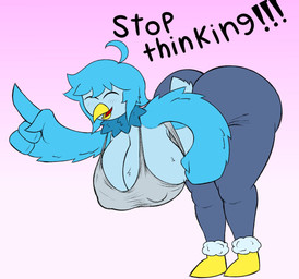 anthro beak big_breasts big_butt blue_body blue_feathers blue_hair boots bottomwear breasts butt clothing crop_top dialogue erect_nipples eyes_closed feathers female footwear grey_clothing grey_shirt grey_topwear hair happy hyper neck_tuft nipple_outline nipples open_beak open_mouth pants scut_tail shirt shirt_too_small shoes short_tail solo tail topwear tuft winged_arms wings yellow_boots yellow_clothing yellow_footwear yoga_pants car_man stop_thinking_about_sex undertale undertale_(series) undertale_yellow martlet_(undertale_yellow) avian bird hi_res