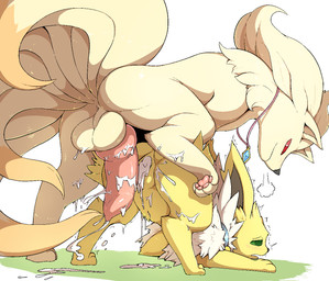 4_toes after_sex all_fours animal_genitalia animal_penis anus ass_up balls blush bodily_fluids butt canine_genitalia canine_penis collar cum cum_drip cum_in_vagina cum_inside cum_on_balls cum_on_butt cum_on_ground cum_on_leg cum_on_penis digitigrade doggystyle dominant dominant_male dripping duo erection feet female female_on_bottom feral from_behind_position fur genital_fluids genitals green_eyes hindpaw jewelry knot leaking_cum male male/female male_on_top male_penetrating messy moan mounting multi_tail neck_tuft necklace on_bottom on_top open_mouth orgasm pawpads paws pendant penetration penis pull_out rear_view red_eyes sex simple_background smile smirk soles tail toes toony tuft vaginal vulva white_background white_balls white_body white_fur yellow_body yellow_fur pata nintendo pokemon canid canine eeveelution generation_1_pokemon jolteon mammal ninetales pokemon_(species) 2016 aliasing cel_shading digital_media_(artwork) flat_colors hi_res shaded