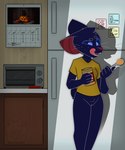 anthro appliance black_body black_fur black_text blue_eyes bottomless breasts calendar clothed clothing cutlery detailed_background eating eating_food female female_anthro food fridge fur genitals holding_object holding_spoon inside kitchen kitchen_appliance kitchen_utensils licking licking_lips peanut_butter pink_tongue post-it_note pussy scut_tail shirt short_tail snout solo spoon t-shirt tail text toaster tongue tongue_out tools topwear whiskers sleepysheepy17 zulu_(sleepysheepy17) bat domestic_cat felid feline felis hybrid mammal 2022 adobe_photoshop_(artwork) artist_name cel_shading digital_drawing_(artwork) digital_media_(artwork) english_text hi_res shaded