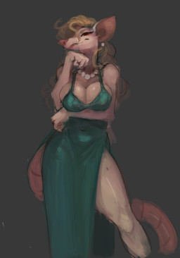 anthro arm_under_breasts biped blonde_hair breasts cleavage clothed clothed_anthro clothed_female clothing dress female front_view fur gem green_clothing green_dress hair hairless_tail jewelry necklace pearl_(gem) pearl_necklace red_eyes simple_background solo standing white_body white_fur pajamamcham mammal murid murine rat rodent hi_res