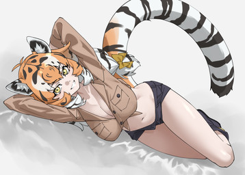 accessory ahoge animal_ears animal_tail bed beige_shirt big_breasts big_tail black_boots black_clothing black_footwear body_shine boots bottomwear bow_(feature) bow_ribbon breasts clothing collarbone creases exposed_breasts eyelashes female fluffy fluffy_hair fluffy_tail footwear furniture glistening hair hair_accessory hair_tie hands_behind_head inner_ear_fluff long_hair long_tail looking_at_viewer lying lying_on_bed markings midriff miniskirt multicolored_hair navel on_bed on_side orange_hair presenting presenting_breasts relaxing shirt shirt_pocket shoes silk_sheet simple_background skirt smile solo striped_hair striped_markings striped_tail stripes tail tail_markings thighs_together tied_shirt topwear tuft unbuttoned_shirt unbuttoned_skirt white_background white_hair yellow_accessory yellow_bow yellow_eyes tanabeai kemono_friends siberian_tiger_(kemono_friends) felid humanoid mammal pantherine siberian_tiger tiger colored detailed full-length_portrait japanese_description portrait shaded