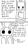 2_panel_comic antennae_(anatomy) biped black_eyes black_text dialogue duo ellipsis eyebrows female question_mark simple_background standing talking_to_another text white_background skeletorskeletonized hollow_knight team_cherry bretta_(hollow_knight) iselda_(hollow_knight) arthropod beetle insect 2020 5:8 comic digital_media_(artwork) english_text hi_res