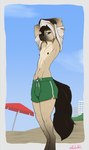 anthro beach bottomwear bulge clothing clothing_pull crotch_lines low-riding male nipple_piercing nipples piercing seaside shirt shirt_pull shorts solo swimming_trunks swimwear topwear topwear_pull undressing koluarts arkis_(koluthings) equid equine horse mammal hi_res