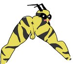 anthro anus backsack balls big_butt blush bro_(buffalonium) butt femboy genitals looking_at_viewer looking_back male mandibles markings presenting presenting_anus presenting_hindquarters simple_background simple_eyes solo yellow_body buffalonium arthropod hymenopteran insect wasp