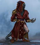 anthro blue_body blue_eyes blue_scales clothing digitigrade footwear hood horn jewelry male puddle robe scales shoes shoulder_guards solo standing water athavan dune_(series) hazer_wan-jafaar alien bumi_(species) lizard reptile scalie absurd_res hi_res story story_in_description