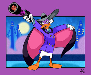 3_toes anniversary anthro beak cape city city_background clothing coat feathers feet gold_buttons grey_clothing grey_fedora grey_hat grey_headwear gun hat headgear headwear holding_gun holding_object holding_ranged_weapon holding_weapon male membrane_(anatomy) moon orange_beak orange_bill orange_feet pink_cape pink_clothing purple_clothing purple_coat purple_mask purple_topwear ranged_weapon solo sweater toes topwear turtleneck weapon webbed_feet white_body white_feathers unclescooter darkwing_duck disney ducktales drake_mallard anatid anseriform avian bird duck 2026