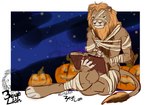 anthro bandage book digitigrade food fruit holidays jack-o'-lantern male multi_eye multi_nose multi_snout mummy_costume mummy_wrappings plant pumpkin reading sitting solo wrappings threeeyelion halloween felid lion mammal pantherine