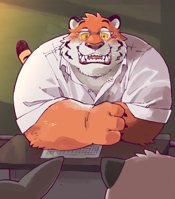 blush classroom crossed_arms eyewear front_view glasses group kemono male obese overweight school size_difference standing teacher garouzuki felid mammal pantherine tiger 2018 hi_res