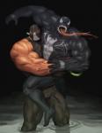 abs bear_hug biceps big_muscles bodily_fluids boots bottomwear clothed clothing duo fight fingerless_gloves footwear gloves handwear male mask muscular muscular_male open_mouth pecs saliva shoes standing tongue tongue_out topwear vein veiny_muscles traver009 dc_comics marvel bane_(dc) venom_(marvel) alien human mammal symbiote 2017 hi_res