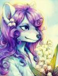 anthro blue_eyes clothing female flower hair lily_of_the_valley makeup plant smile solo jotaku nyssil mammal procyonid raccoon 2014