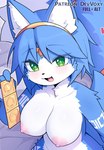 anthro areola biped black_nose blue_body blue_fur blue_hair breasts female fingers fur green_eyes hair heart_symbol looking_at_viewer nipples open_mouth open_smile smile smiling_at_viewer solo white_body white_fur devil-vox nintendo star_fox krystal_(star_fox) canid canine fox mammal hi_res