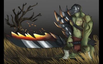 anthro armor big_sword biped bottomwear clothing grass green_body green_scales headgear helmet holding_melee_weapon holding_object holding_sword holding_weapon loincloth male melee_weapon muscular muscular_anthro muscular_male navel nipples pecs plant scales solo standing sword tail tree warrior weapon ruguard crocodilian reptile scalie 2024 absurd_res hi_res