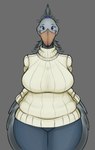 accessory anthro beak big_beak big_breasts blue_eyes bottomwear breasts clothed clothing curvy_figure exposure_variation feathered_wings feathers female front_view grey_background grey_body grey_feathers hair_accessory hair_tie head_feathers hooked_beak huge_breasts looking_at_viewer mature_anthro mature_female orange_beak pants simple_background smile solo sweater thick_thighs topwear voluptuous wide_hips winged_arms wings seb_valenz sheila_(seb_valenz) avian bird pelecaniform shoebill hi_res