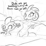 1:1 2019 anthro bodily_fluids breasts dialogue digital_drawing_(artwork) digital_media_(artwork) dragon duo english_text female friendship_is_magic genitals hasbro male monochrome my_little_pony mythological_creature mythological_scalie mythology outside princess_ember_(mlp) pussy scalie spike_(mlp) sweat tail text tjpones