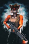 5_fingers anthro black_nose brown_hair cheek_tuft clothed clothing facial_tuft fingers fur gun hair looking_at_viewer m60 machine_gun male orange_body orange_eyes orange_fur plant ranged_weapon solo tree tuft weapon white_body white_fur gold97fox warfaremachine_(modeler) rambo canid canine fox mammal red_fox true_fox 2021 3d_(artwork) digital_media_(artwork) hi_res portrait source_filmmaker_(artwork) three-quarter_portrait