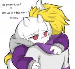 4_fingers alternate_universe anthro blonde_hair clothed clothing dialogue duo female fingers fur hair hoodie horn hug long_ears male red_eyes simple_background text topwear white_background white_body white_fur friisans altertale undertale undertale_(series) asgore_(altertale) asgore_dreemurr toriel toriel_(altertale) boss_monster_(undertale) bovid caprine mammal english_text hi_res