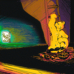 abstract_background ambiguous_gender anthro butt climbing colorful_background dripping glowing ladder machine otter_tail rear_view ripples snout solo vending_machine water wet yellow_body largedrat mammal mustelid otter 1:1 digital_media_(artwork) dithering
