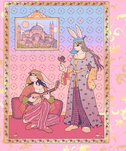 anthro border bottomwear brown_eyes brown_hair clothed clothing detailed_background duo eye_contact female flower footwear hagia_sophia hair holding_flower holding_object inside looking_at_another lute mandolin musical_instrument ottoman_(civilization) pants pattern_background pillow pink_background pink_border plant playing_music plucked_string_instrument purple_clothing red_clothing robe romanesque_architecture rose_(flower) shoes simple_background sitting standing string_instrument toffee_32 lagomorph mammal 2023 hi_res