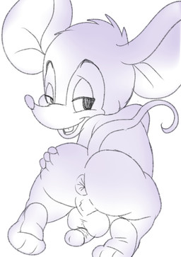 anthro anus balls barefoot butt butt_focus erection feet genitals happy kneeling male nude penis penis_backwards perineum presenting raised_tail smile solo spread_butt spreading tail teeth young young_anthro young_male joykill mammal mouse murid murine rodent hi_res