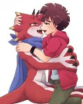 anthro blush brown_hair claws clothing duo eye_contact hair hoodie horn hug human_on_anthro interspecies kissing looking_at_another male male/male red_body romantic romantic_couple scarf topwear mstdndkkkkk bandai_namco digimon digimon_ghost_game hiro_amanokawa betelgammamon digimon_(species) human mammal scalie 4:5