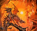 ambiguous_gender arrow_(anatomy) black_eyes claws detailed_background feral membrane_(anatomy) membranous_wings perching solo spines sun sunset wings bruce_pennington mythology dragon mythological_creature mythological_scalie scalie