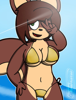 anthro bikini breasts brown_body brown_fur clothing female front_view fur gold_bikini open_mouth solo standing swimwear two-piece_swimsuit fluffysparkster golden_week frankie_berrywell mammal rodent sciurid tree_squirrel 2026 digital_drawing_(artwork) digital_media_(artwork) hi_res shaded