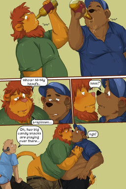 age_difference alcohol anthro babysitter beer beverage blush bottle container dialogue drunk french_kissing group holding_bottle holding_container holding_object hypnosis kissing male male/male mind_control overweight size_difference slightly_chubby speech_bubble substance_intoxication surprise_kiss tail text young young_anthro markwulfgar bear felid lion mammal pantherine 2:3 comic english_text hi_res multiple_scenes