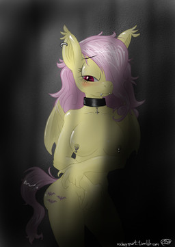 alternative_fashion anthro anthrofied breasts collar cross cutie_mark fangs female fur goth hair hair_over_eye inverted_cross membrane_(anatomy) membranous_wings nipple_piercing nipples nude one_eye_obstructed piercing pink_hair red_eyes slave solo teeth wings yellow_body yellow_fur rodneypp thinkerbutt friendship_is_magic hasbro my_little_pony flutterbat_(mlp) fluttershy_(mlp) bat_pony equid hybrid mammal 2014 hi_res