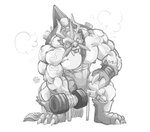 abs anthro biceps bodily_fluids claws exercise gym horn male mask muscular muscular_anthro muscular_male nipples pecs shell solo sweat vein weightlifting workout chirros bandai_namco digimon digimon_(species) mammal zudomon hi_res monochrome