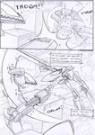 battle black_and_white building comic destroyed_vehicle destruction dialogue english_text fight kitfox-crimson machine mecha melee_weapon mind_control monochrome onomatopoeia police police_vehicle shooting sketch slicing smash_(disambiguation) smoke sound_effects speech_bubble star_symbol stolen_generation sword text vehicle weapon window zero_pictured