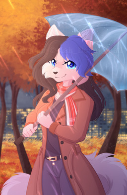 anthro autumn belt black_claws black_clothing black_hair black_nose black_shirt black_topwear blue_eyes blue_hair cheek_tuft claws clothing coat facial_tuft female fluffy fluffy_tail fur grey_body grey_fur hair heart_nose heart_symbol holding_object looking_at_viewer orange_leaves outside plant raining scarf shirt smile solo tail topwear tree tuft umbrella elisawind dawn_(ask_derpy_cat1) domestic_cat felid feline felis mammal nebelung absurd_res hi_res
