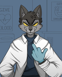 5_fingers angry annoyed anthro bandage big_ears big_eyes black_body black_eyebrows black_eyes black_fur black_nose blue_clothing blue_gloves blue_handwear blue_shirt blue_topwear cabinet cheek_tuft clothed clothing coat detailed_background doctor doctor's_office ear_tuft electrical_outlet eyebrows facial_tuft fangs fingers front_view fur gesture gloves grey_body grey_fur grey_inner_ear_fluff grin hand_gesture hand_on_hip handwear head_tuft heart_symbol heartbeat humanoid_hands humor inner_ear_fluff lab_coat looking_at_viewer male medical_gloves middle_finger multicolored_body multicolored_fur open_clothing open_coat open_lab_coat open_topwear poster pupils shirt slit_pupils smile smiley_face snarling snout solo stylized_background teeth text topwear tuft two_tone_body two_tone_face two_tone_fur white_clothing white_coat white_lab_coat white_topwear yellow_sclera hachimakiyaki janusz canid canine canis hybrid mammal wolf wolfdog 2026 blue_theme digital_drawing_(artwork) digital_media_(artwork) english_text hi_res portrait shaded
