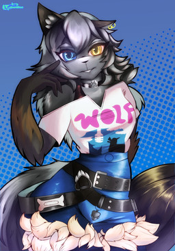 anthro belt black_nose blue_background blue_eyes choker clothing ear_piercing ear_ring female fur gold_piercing grey_body grey_fur heterochromia humanoid_hands jewelry looking_at_viewer necklace off-shoulder_top piercing ring_piercing shirt simple_background solo tail text text_on_clothing text_on_shirt text_on_topwear topwear yellow_eyes it_doodles epic_games fortnite fortnite:_battle_royale wolfie_(fortnite) canid canine canis mammal wolf 2026 digital_drawing_(artwork) digital_media_(artwork) english_description hi_res