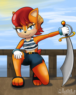 anthro blue_eyes clothing female female_anthro footwear fur hair melee_weapon navel orange_body orange_fur pirate red_hair sandals shoes solo sword weapon teknomekanoid archie_comics sega sonic_the_hedgehog_(archie) sonic_the_hedgehog_(comics) sonic_the_hedgehog_(series) pirate_sally_(archie_sonic) sally_acorn sally_acorn_(post-sgw) chipmunk ground_squirrel mammal rodent sciurid absurd_res hi_res