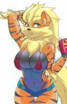 anthro anthrofied big_breasts bikini bottomwear breasts clothed clothing eyelashes female fur hair looking_at_viewer pokemorph shorts simple_background skimpy smile solo swimwear two-piece_swimsuit oldman_artist nintendo pokemon arcee_(unicorn_lord) arcanine canid canine generation_1_pokemon mammal pokemon_(species) 2019 absurd_res digital_media_(artwork) hi_res